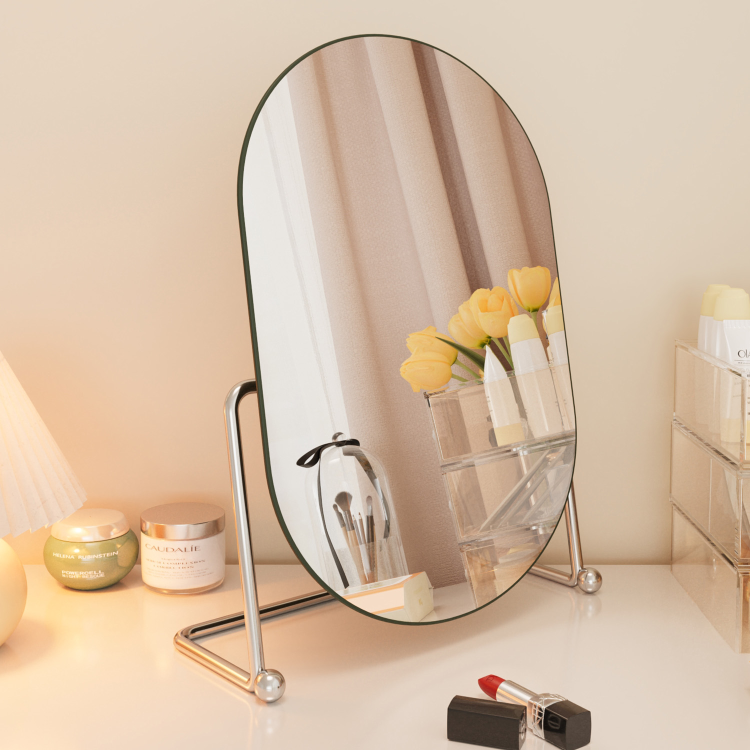 奶油风旋转化妆镜家用卧室梳妆台镜子学生宿舍台式桌面.大号梳妆