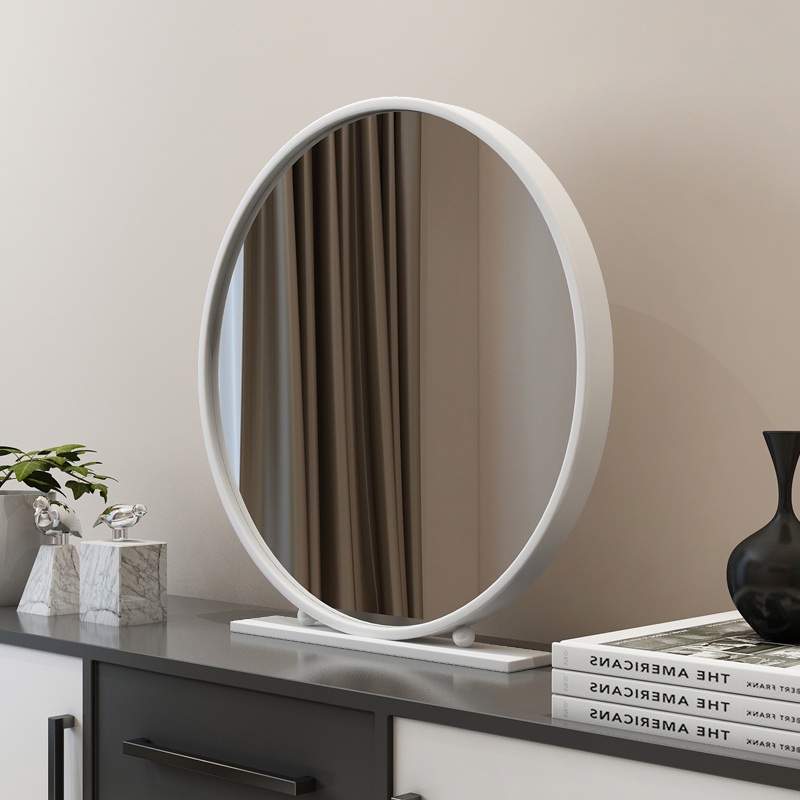 简约台式化妆镜圆形桌面s梳妆镜卧室学生宿舍铁艺大镜子梳妆台镜