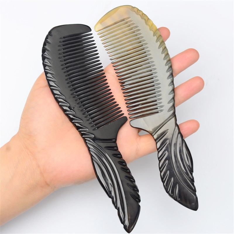 20厘米黑牛角黄牛角打花鱼尾梳柄梳非洲角刻花鱼尾把梳子 手柄