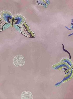 仿酸花麻真丝缎刺绣面E14800料面国风蝴蝶绣醋布料