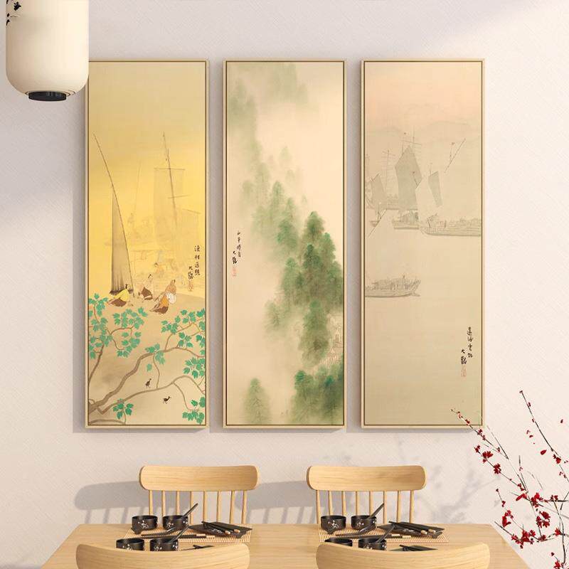 潇湘八景新中式玄IVR关饰竖款装画入四联户式玄关日中餐厅挂画茶