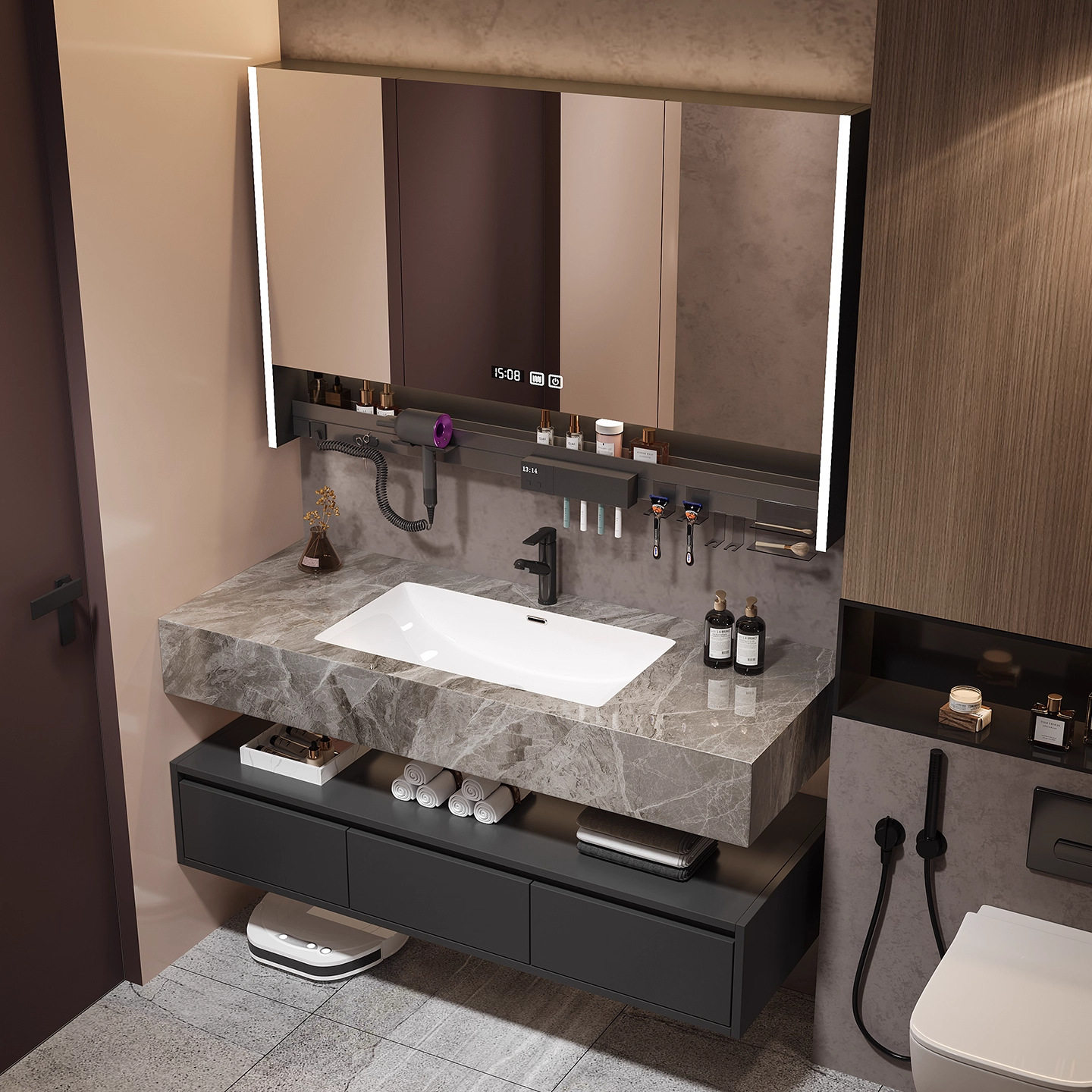 轻奢岩板无缝拼接陶瓷一体盆现代酒店浴室柜组合智能卫生间洗漱台