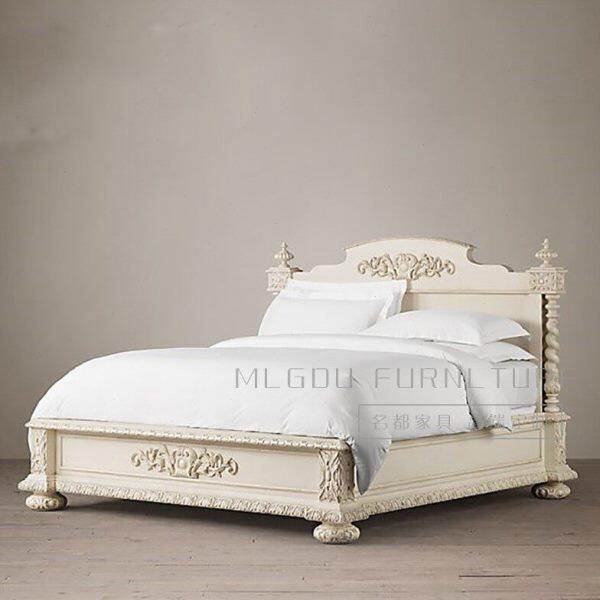 欧式新古典雕花实木床 样板房别墅双人床 复古做旧实木床 公主床
