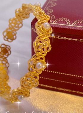 小红色同款5D工艺仿真结婚三金镯子唐草纹淡水珍珠镀金手镯