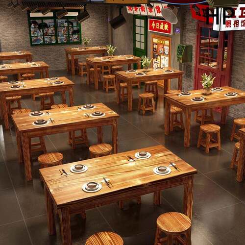 火实木早快椅餐桌烧餐桌商用餐OXD饮店餐烧木餐桌椅