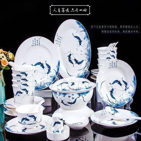 碗碟套装家用景德镇陶瓷器餐具56头青花碗筷 骨瓷吃饭碗盘子组合