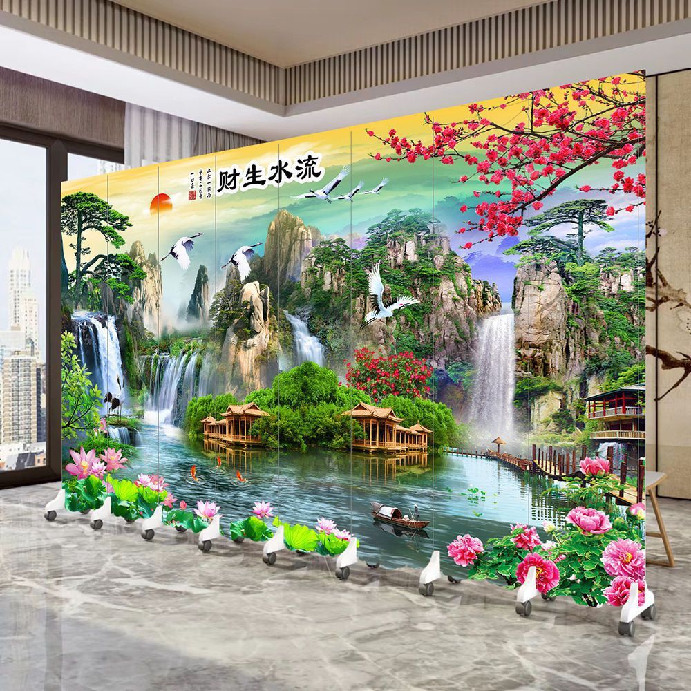 屏风隔断墙流水生财风景玄关山水国画会议办公室瀑布饭店酒店聚财