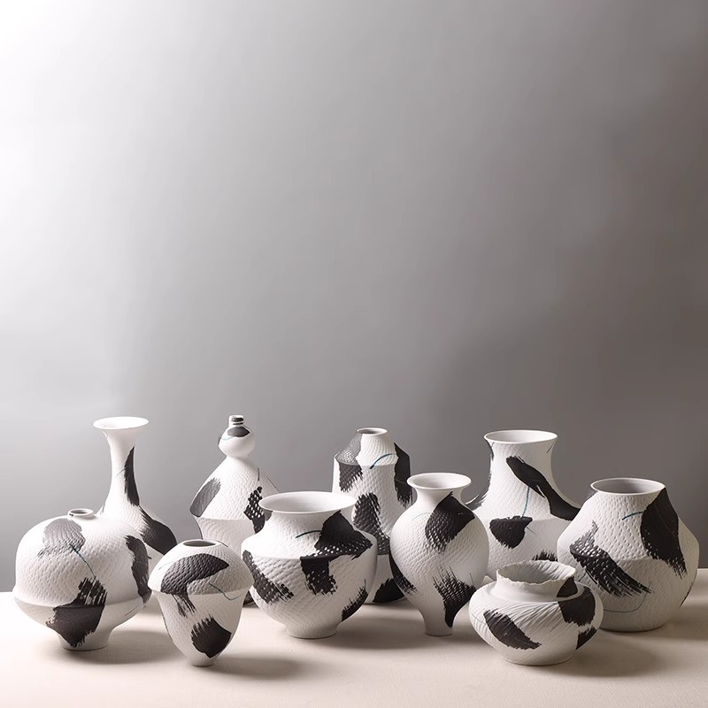 新中式手绘陶瓷花器客厅玄关插花装饰品摆件陶瓷花瓶