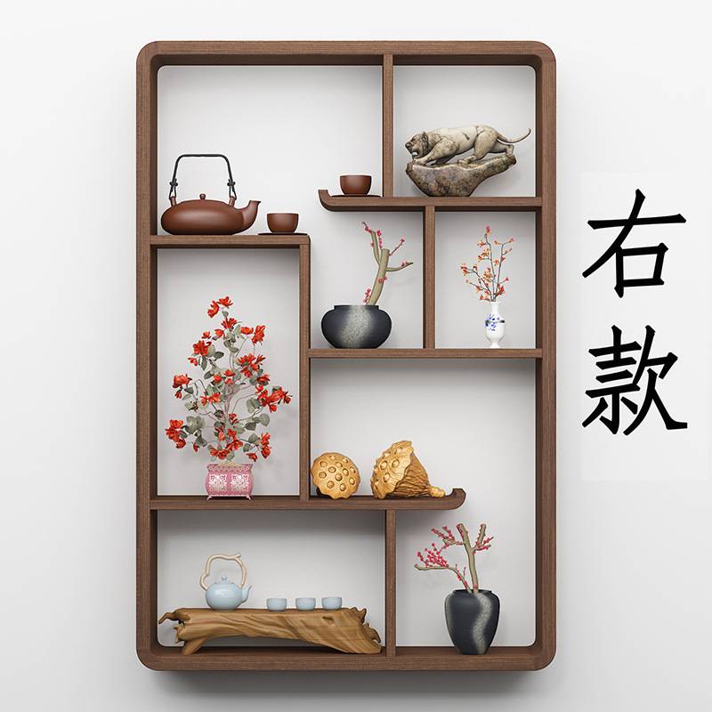 壁挂式小摆件茶饼架书架禅意实木新中式博古架挂墙式置物架收纳架