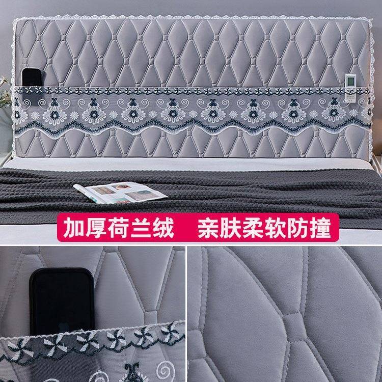 202新款床头加软包靠背6套简约现代全包木床厚盖布巾罩F6M7926可