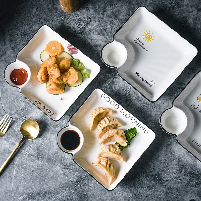 饺子盘带醋碟家用日式餐盘分格餐盘爱心创意盘子方形水饺盘菜盘子