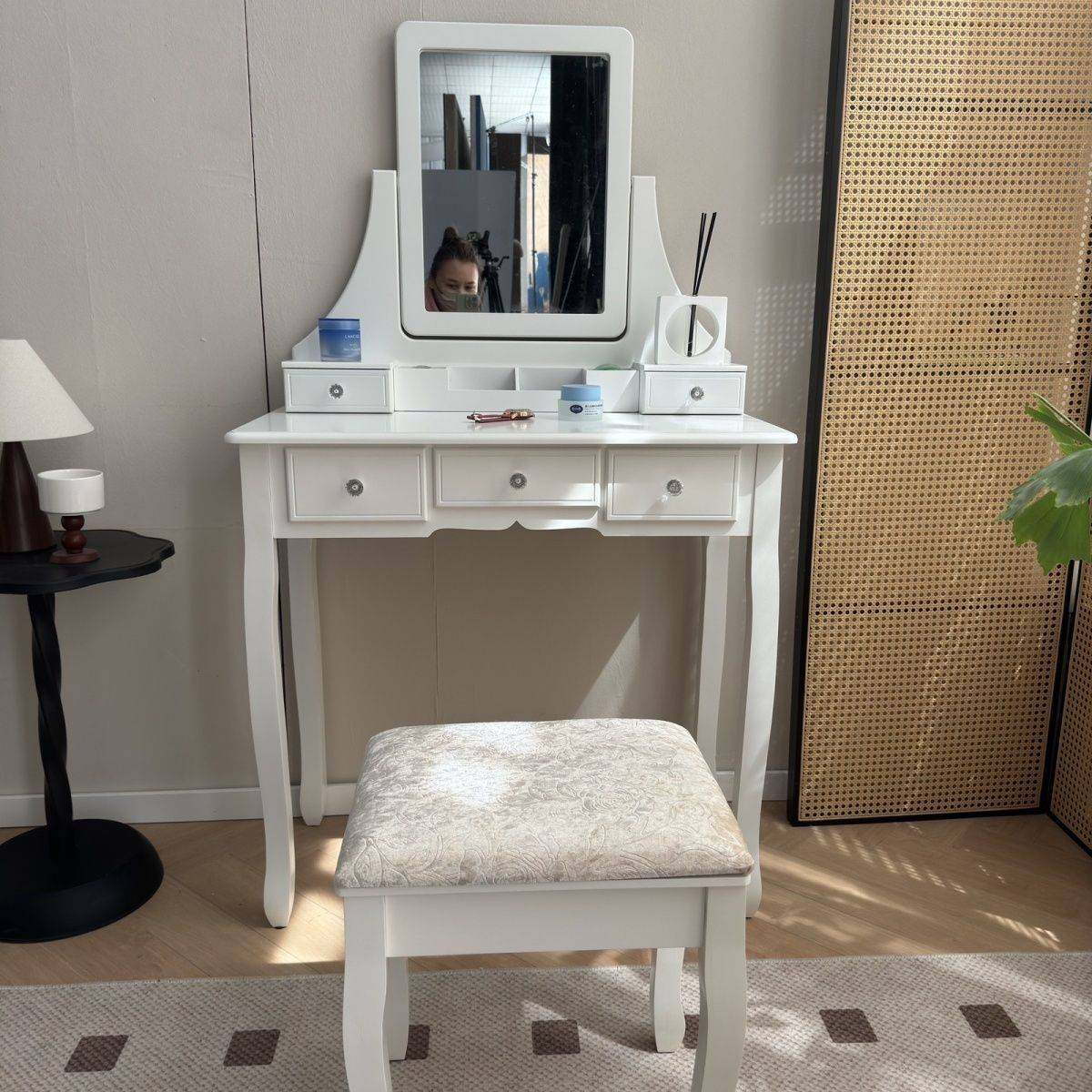 黑色中古风法式复古实木梳妆台带灯深色梳妆台凳子卧室一体