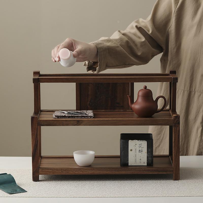 ZWJ32147胡桃木实木具收纳茶室具器茶皿摆件防尘置茶物架茶架具防