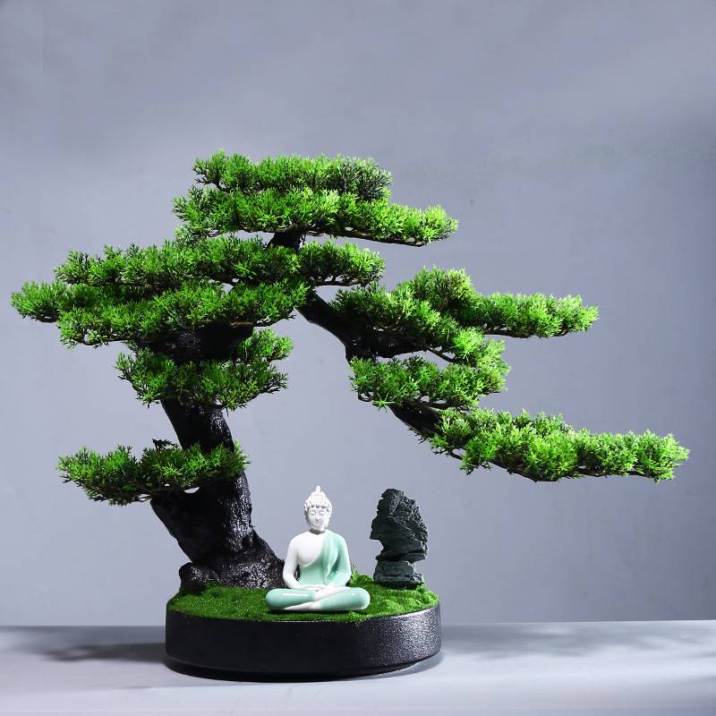 创意仿真迎客松盆景客厅桌面绿植盆栽玄关电视柜假花植物崖柏摆件