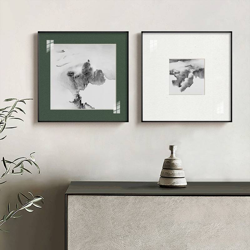 雾里 新中式禅意客厅装饰画抽象风景山水挂画绿色卡纸壁画水墨画