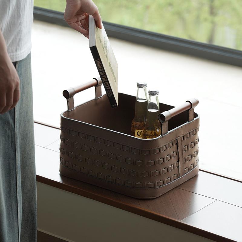 轻奢01皮收纳桶篮家用客收厅革储物手工编织置物篮杂物带拉手纳筐