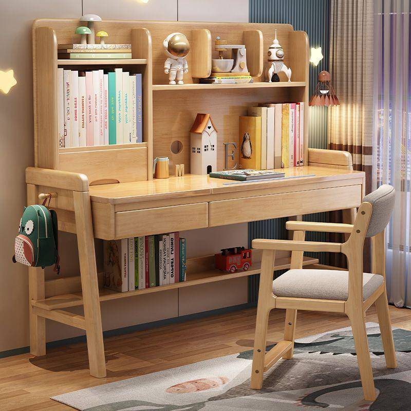 学儿童学习桌书架一体438中生家卧室全可实木书桌小用学生升降写