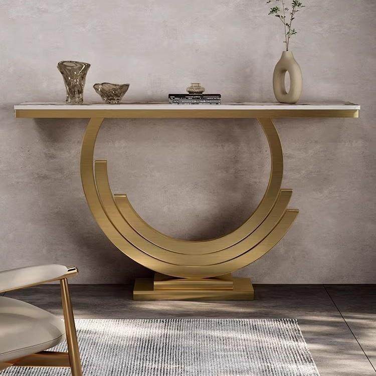 简约现代不锈钢香槟金拉丝入户玄关台客厅创意岩板玄关桌条案高档