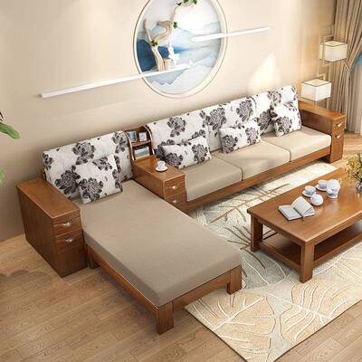 全实木11610客发组合七字形转中式厅木布沙发茶几角电视柜沙橡胶