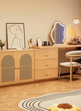 室中古风体藤编实木梳妆台斗柜一网红主卧可缩伸转FLO角储物化妆