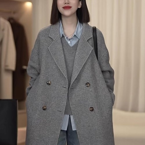 韩版灰色毛呢大衣女中长款双排扣西装领高级感通勤外套