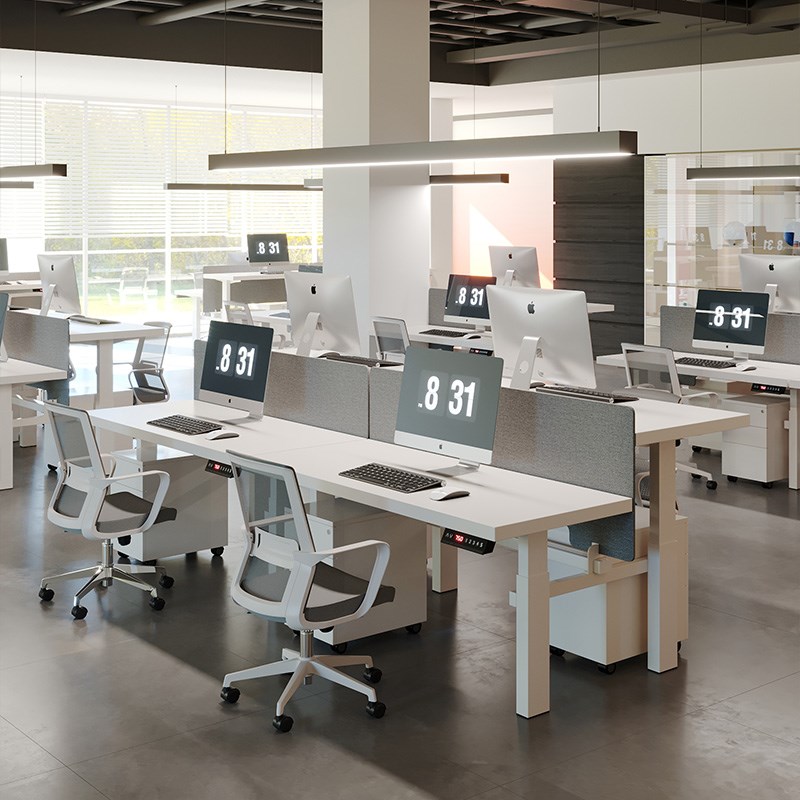 可升降工位桌带挡板电动站立式实木双人电脑桌员工四人白色办公桌