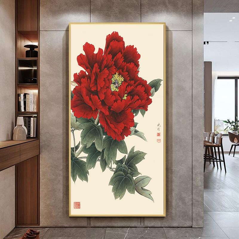牡丹花挂画入户玄关竖版走廊过道壁画花开富贵图新中式客厅装饰画图片