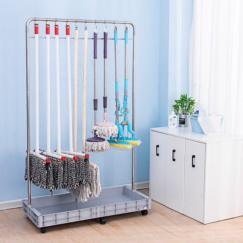 不锈钢移动拖把扫把架落地式家用卫生间学校清洁整理工具收纳架子