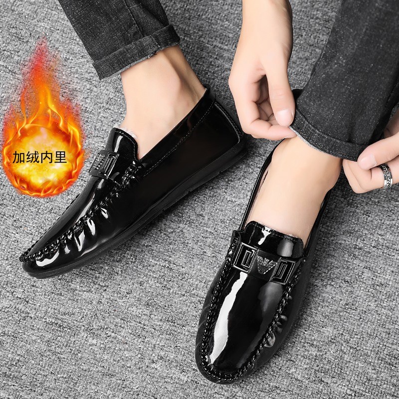 冬季加绒皮鞋男豆豆鞋个性夜店发型师懒人无鞋带棉鞋漆皮金属逗逗