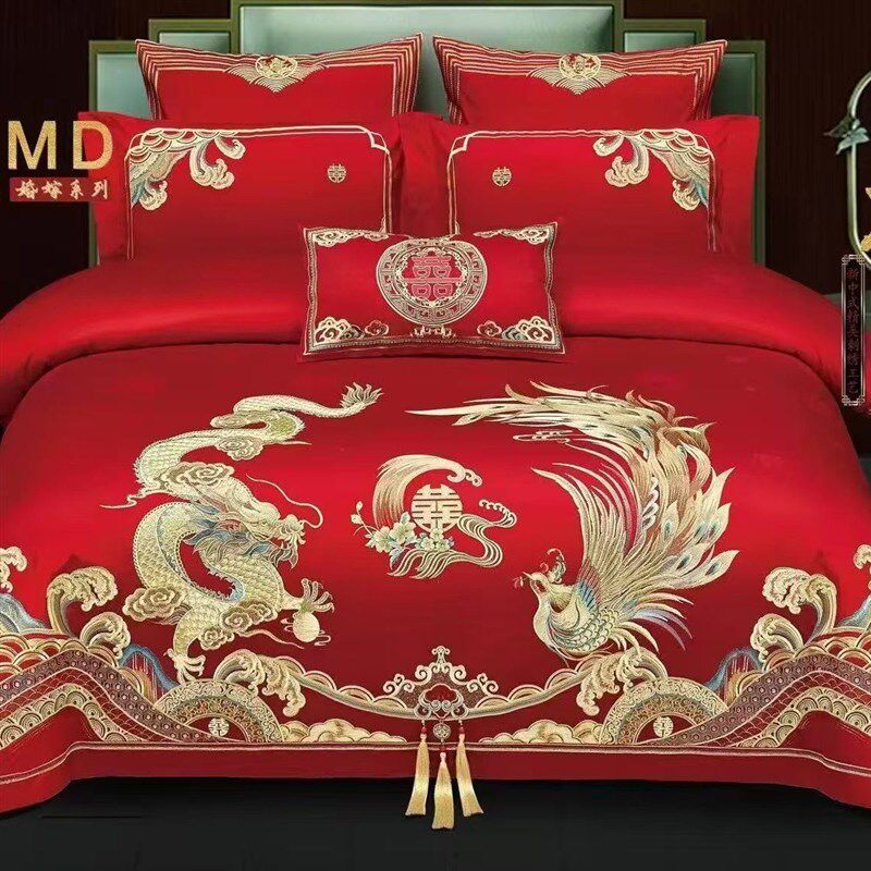结婚婚房床上用的100纯棉高当长绒棉刺绣四件套红色龙凤