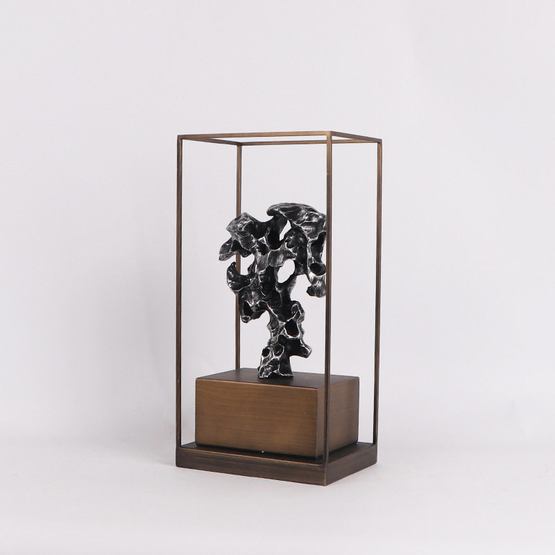 现代新中式太湖石铁艺框架展示摆件展厅售楼处大堂隔断茶几饰品