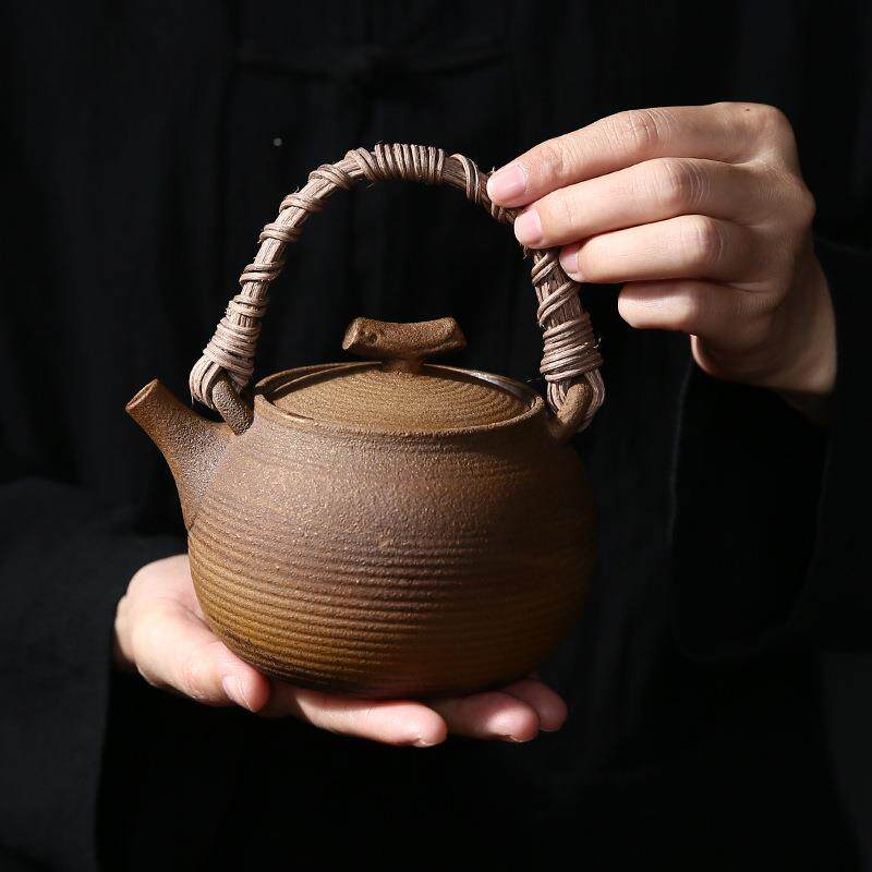 酱釉藤编提梁岩泥壶陶瓷茶壶酒精炉煮茶户外露营炉煮围老茶蜡烛温