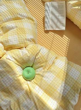 元气黄织水洗棉黄色格子色提花四件套1.5m1床.米8纯棉yqyty全棉单