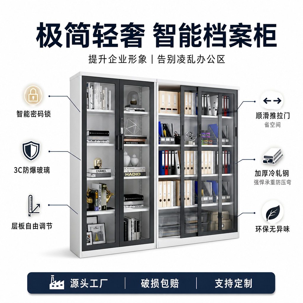 办公室钢制推拉门铁皮文件柜玻璃展示书柜移门带锁资料凭证档案柜
