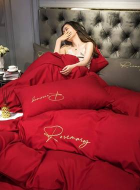 上结被婚四件大红色婚庆出嫁套婚房套床单简约床用品婚床被单JEC