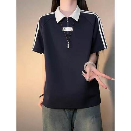 美式三条杠polo领短袖男款夏季重磅条纹拼接半拉链t恤正肩五分袖