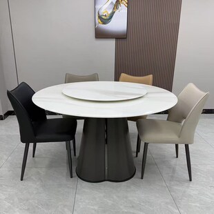 中古风白蜡木天然大理石餐桌组合家用超晶石圆R形实木带转盘吃饭