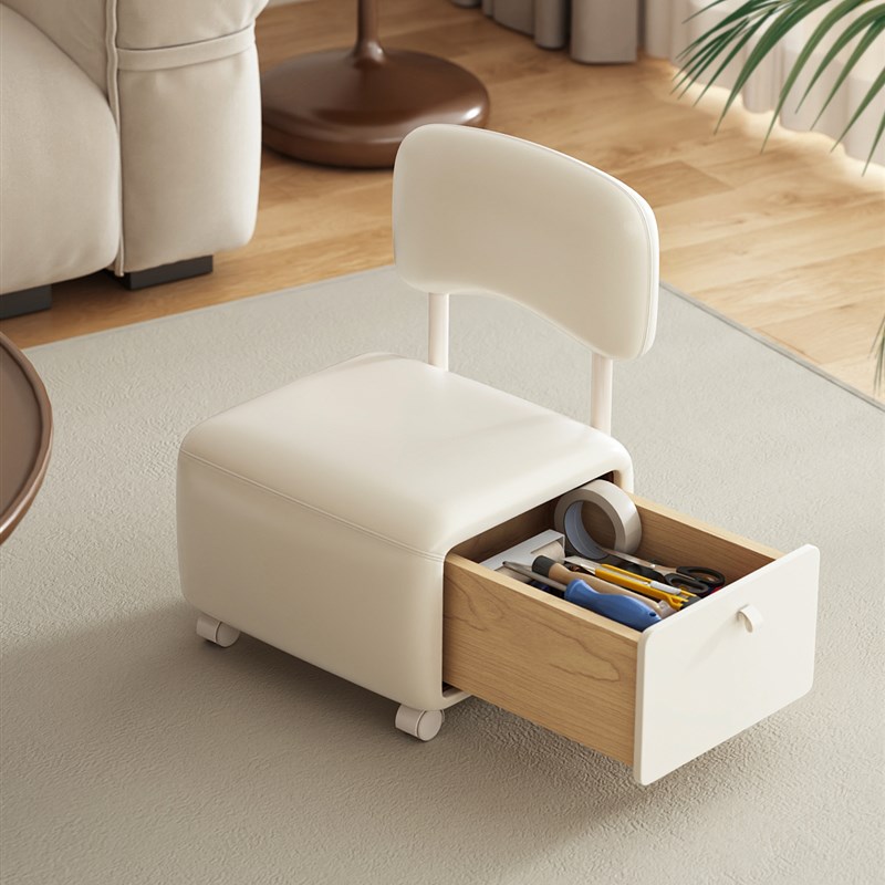 万向轮小凳d子家用滑轮矮凳奶油风储物凳收纳凳带娃客厅儿童靠背