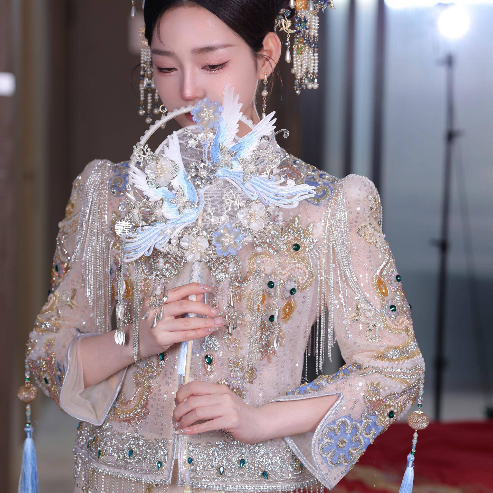 蓝色蕾丝新娘结婚秀禾中式双成品1遮面金色面百搭D喜FUTIY成品扇9