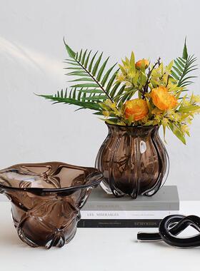 代简约轻BX88-02H瓣口厚重咖色琉璃花瓶厅餐奢桌酒客花店软装台面