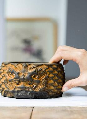 中式仿铸铁龙头仿古做旧灰烟缸自锈然铁铁艺缸烟龙纹复034古手工