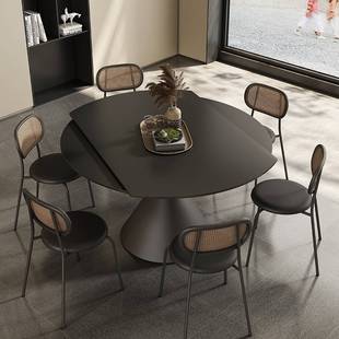 3Y黑色方圆两用岩板餐桌简约现代家用小户型可旋转伸缩多功能变形