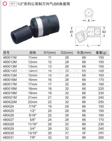 GENIUS天赋工具1/2″公制万向气动6六角长套筒480011M