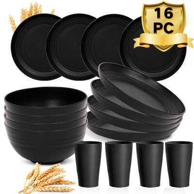 16/32/4 Pc Kitchen Plastic Wheat Straw Dinnerware Set跨境