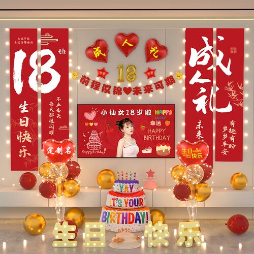 18岁成人礼男女孩生日装饰快乐氛围场景十八背景墙布置气球高级感