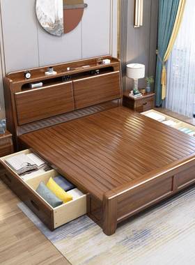 JFC式胡桃木实木床1.8米双新人床现代约1米5单人中公寓简出租储物