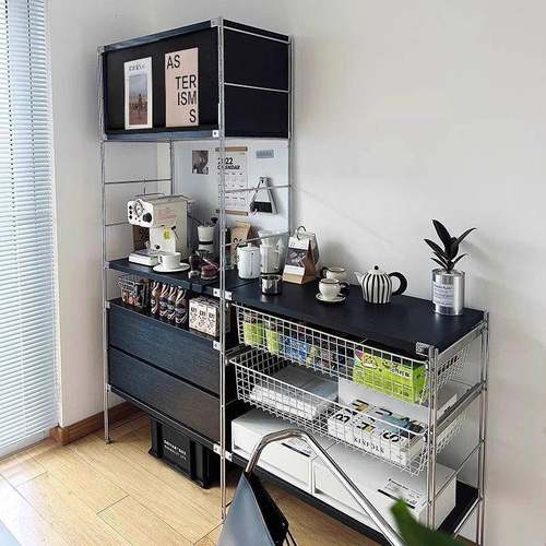 黑色简不锈LF钢厨约房置物纳架收落地多层架客厅包豪斯书架