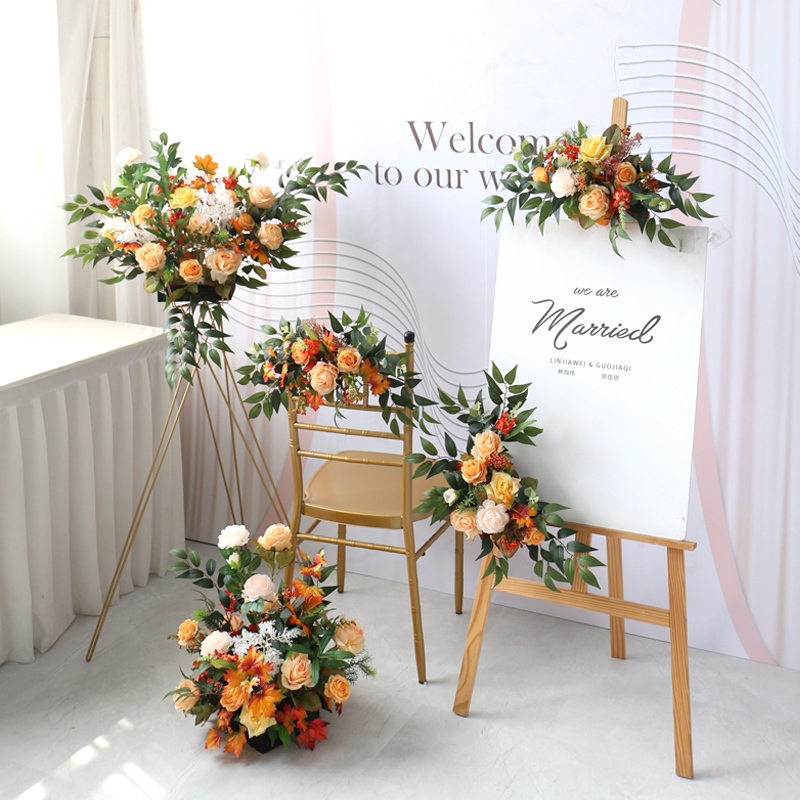 婚庆秋色枫叶款仿真布置花艺迎宾花篮椅背饰N花球迎宾区婚纱摄影