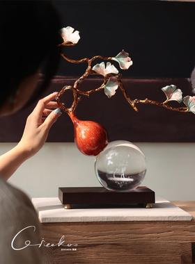 契阔家居客厅书房餐桌面新中式福鹿杏叶水晶葫芦开运玄关装饰摆饰