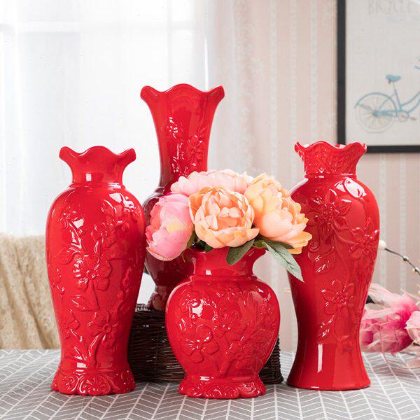 红色结婚花瓶 喜庆送礼陶瓷花瓶 简约家居新房婚房装饰花器中国红